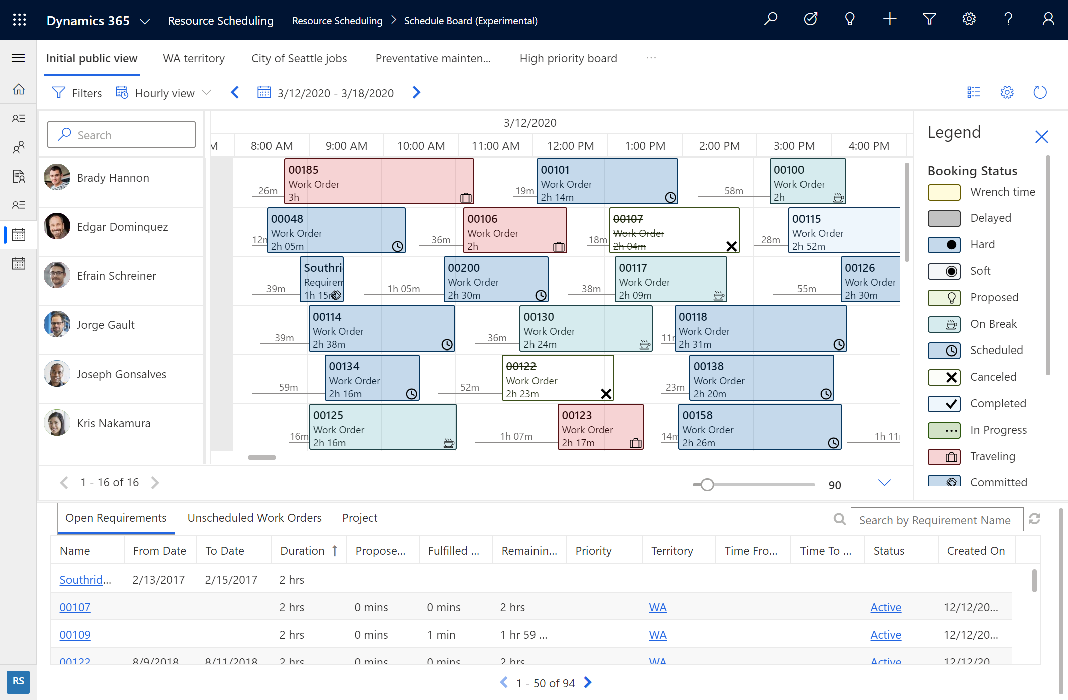 리소스를 보여주는 Dynamics 365의 새 일정 게시판 스크린샷.