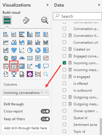 포함된 Power BI 편집기에서 보고서에 테이블 시각화를 추가하는 스크린샷.