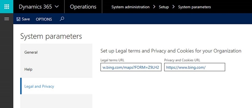 System parameters where you add a link to your organization's privacy statement.