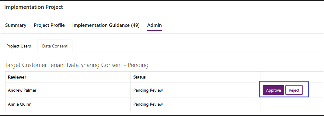 Screenshot of the Data Consent tab for an implementation project that's pending approval or rejecting of the data sharing consent request.