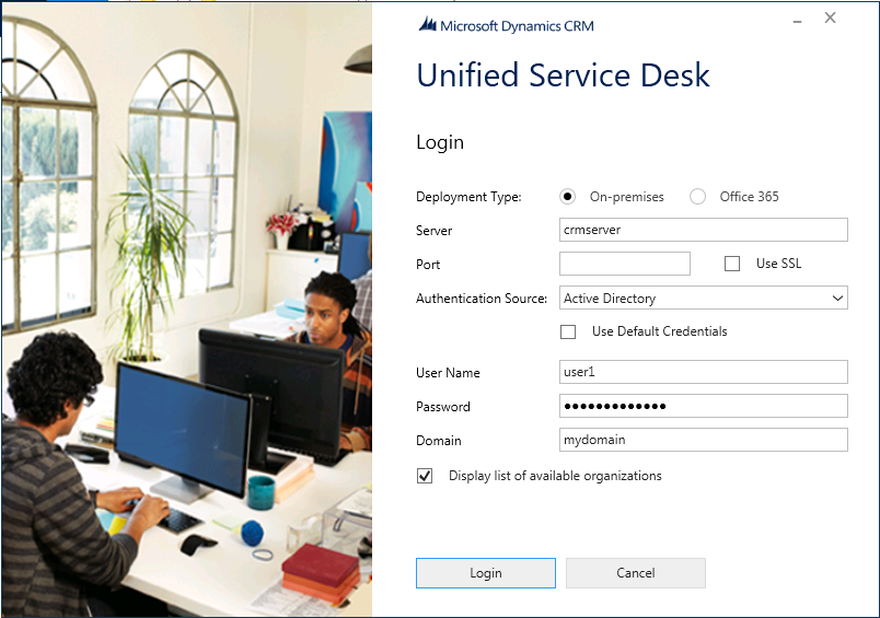 Unified Service Desk 클라이언트 로그인 화면.