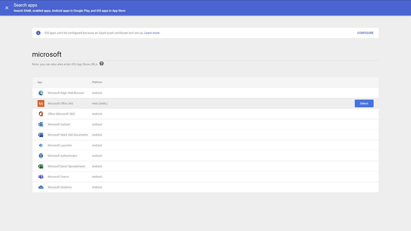 Google 작업 영역을 보여 주는 스크린샷 선택과 Microsoft Office 365 SAML 앱에 대한 검색 단추를