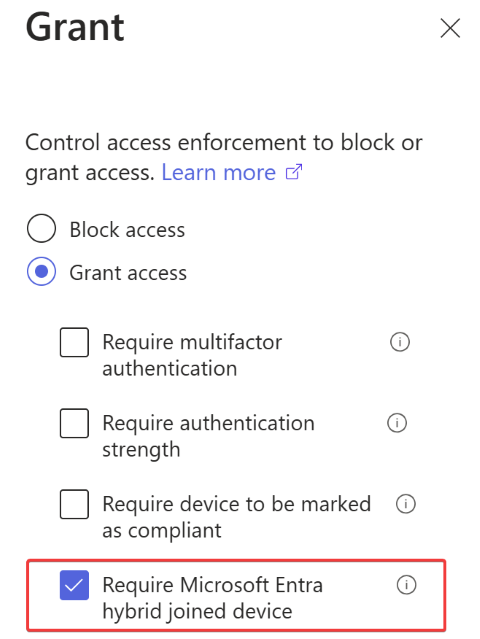 하이브리드 디바이스가 필요한 조건부 액세스 정책의 권한 부여 스크린샷