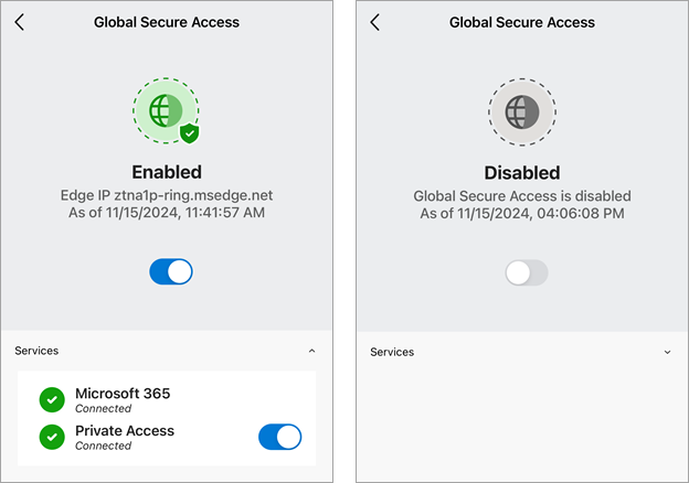 사용 및 사용 안 함 상태 화면을 모두 보여 주는 iOS의 Global Secure Access 클라이언트 스크린샷