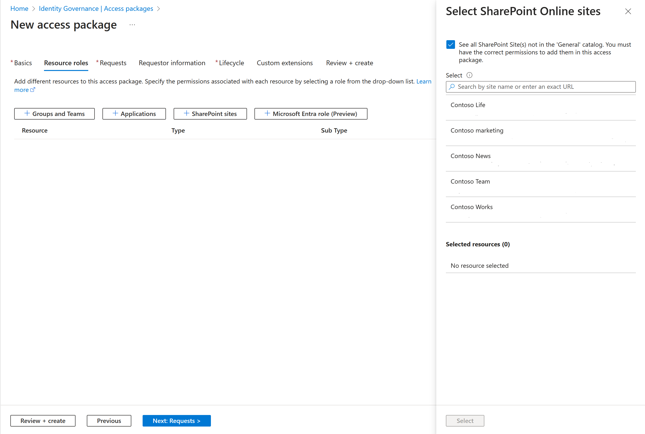 액세스 패키지 - 리소스 역할 추가 - SharePoint 사이트 선택 - 포털 보기