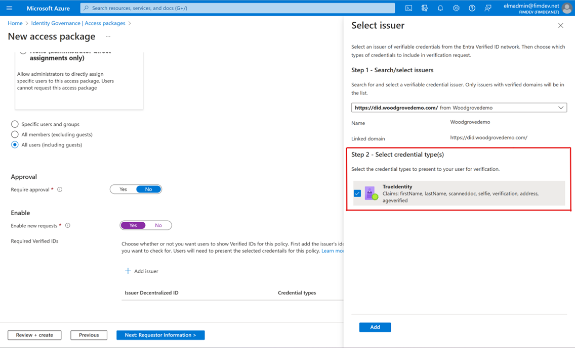 Microsoft Entra 확인된 ID 자격 증명 유형 스크린샷.