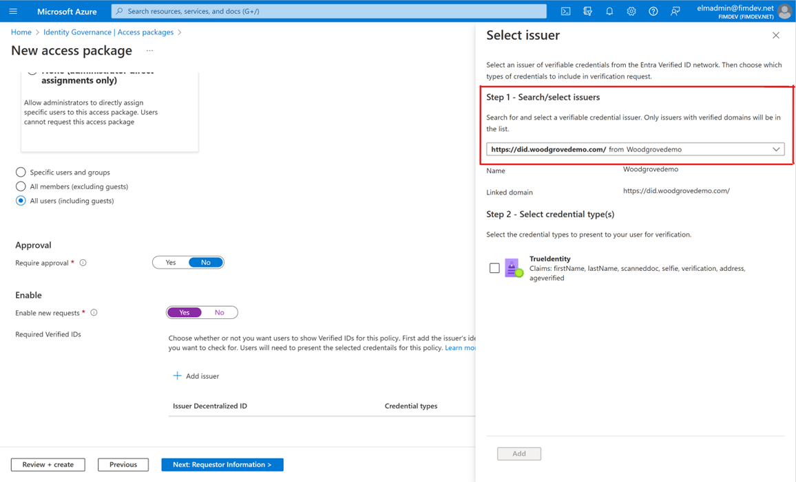 Microsoft Entra 확인된 ID 발급자를 선택합니다.