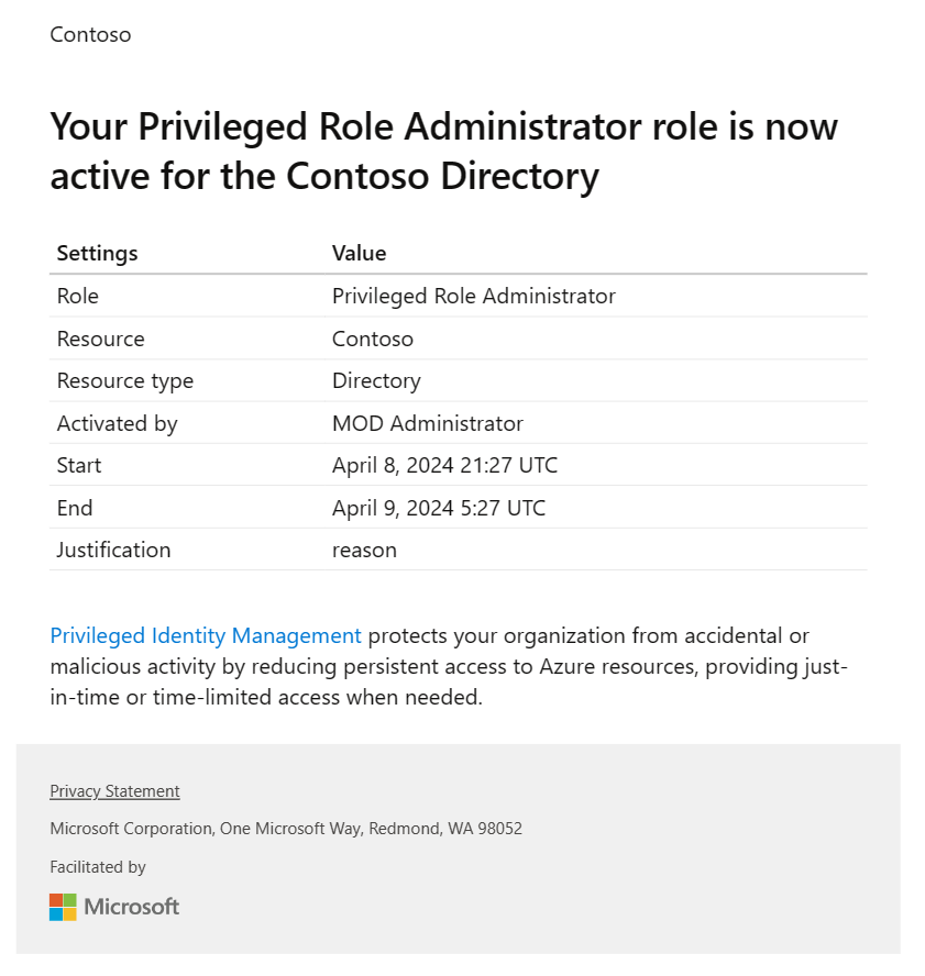 Microsoft Entra 역할에 대한 새로운 Privileged Identity Management 이메일을 보여 주는 스크린샷.