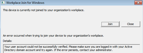 Windows용 Workplace Join 대화 상자의 스크린샷. 텍스트에서 계정 확인 중에 오류가 발생했다고 보고합니다.