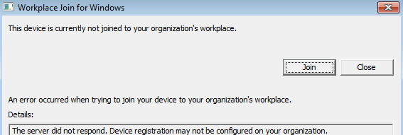 Windows용 Workplace Join 대화 상자의 스크린샷. 텍스트에서 서버가 응답하지 않아 오류가 발생했다고 보고됩니다.