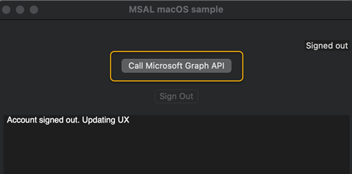 Microsoft Graph API 호출 단추로 시작한 macOS용 MSAL 예제 앱을 보여 주는 스크린샷.