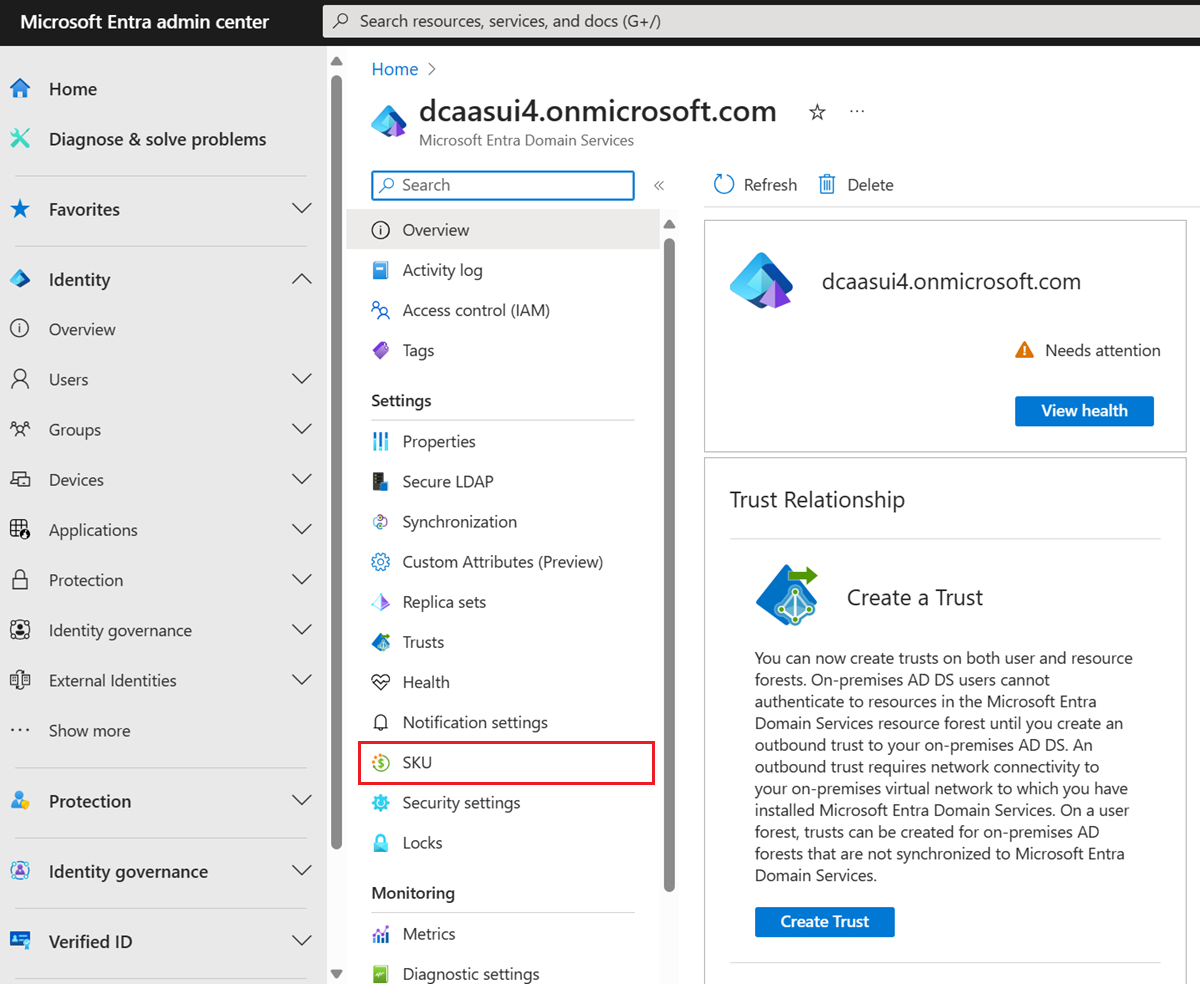 Microsoft Entra 관리 센터에서 Domain Services 관리되는 도메인의 SKU 메뉴 옵션 선택