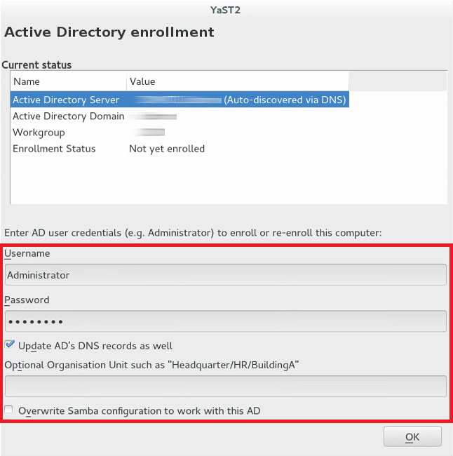 YaST의 Active Directory 등록 창의 예제 스크린샷