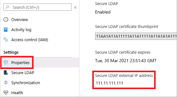 Microsoft Entra 관리 센터의 관리되는 도메인에서 보안 LDAP 외부 IP 주소 보기