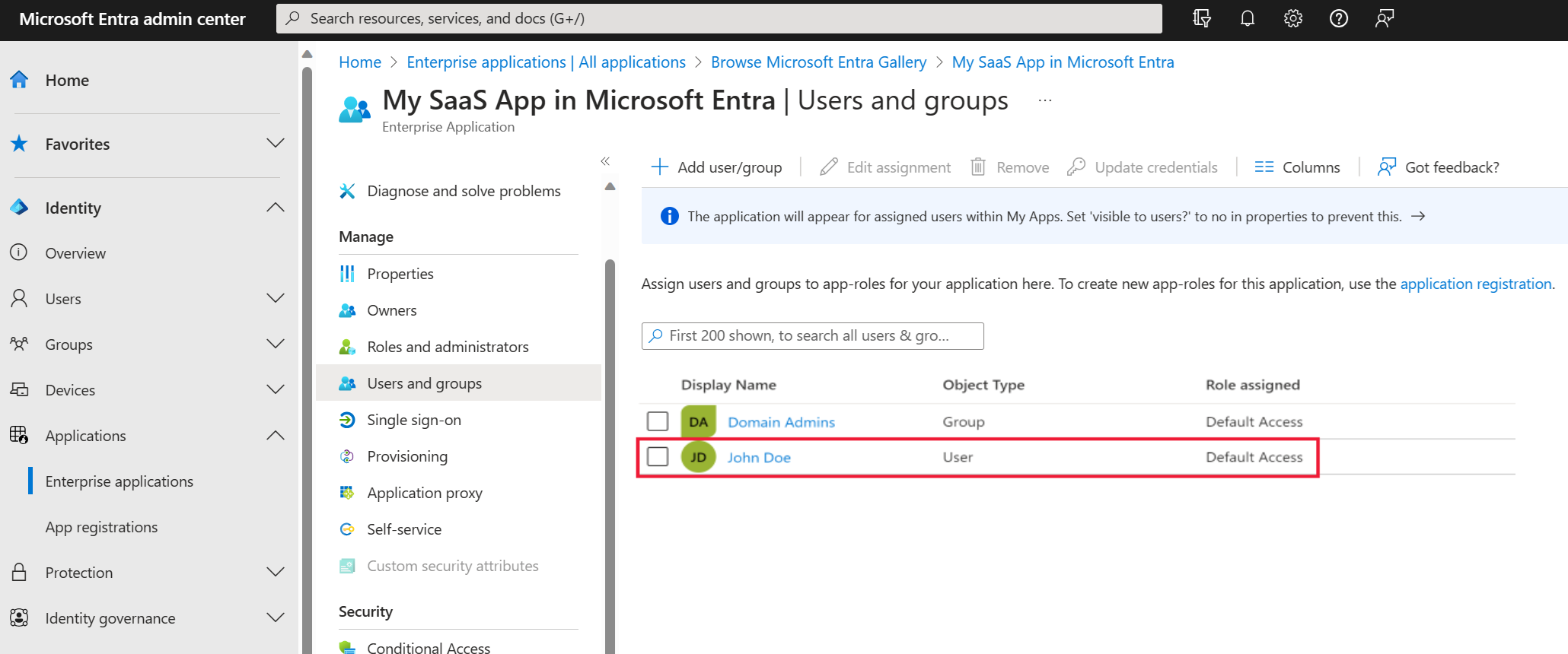 Azure에 있는 내 SaaS 앱을 보여주는 스크린샷