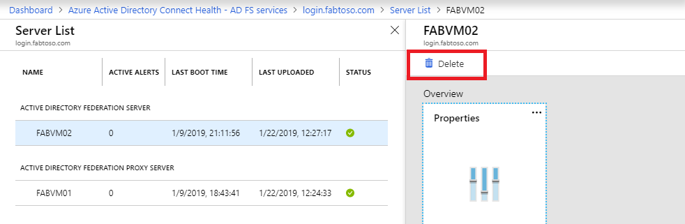 Microsoft Entra Connect Health 삭제 서버 스크린샷
