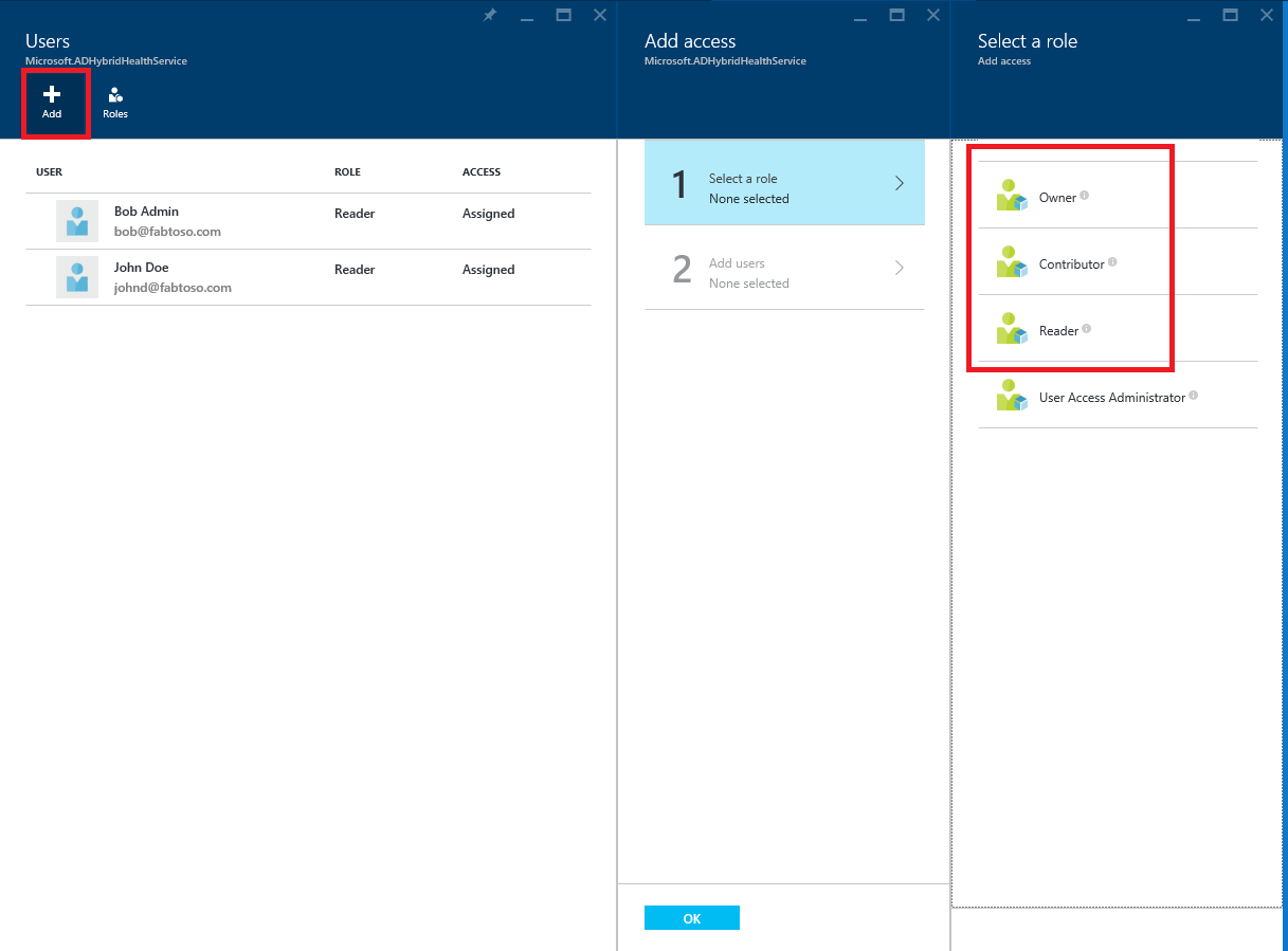 Microsoft Entra Connect Health 및 Azure RBAC 구성 메뉴 스크린샷