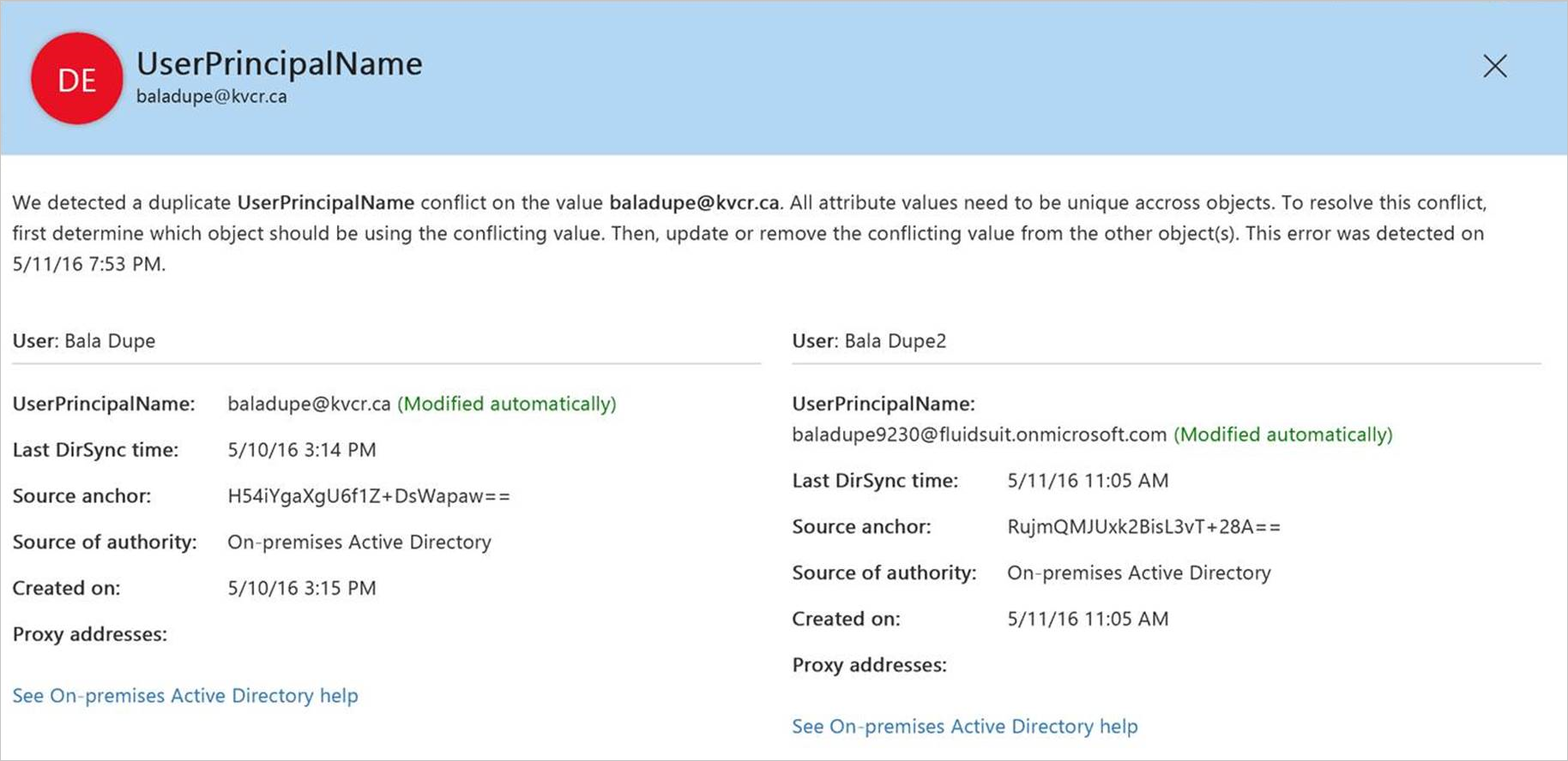 Microsoft 365 관리 센터의 디렉터리 동기화 오류를 보여 주는 스크린샷