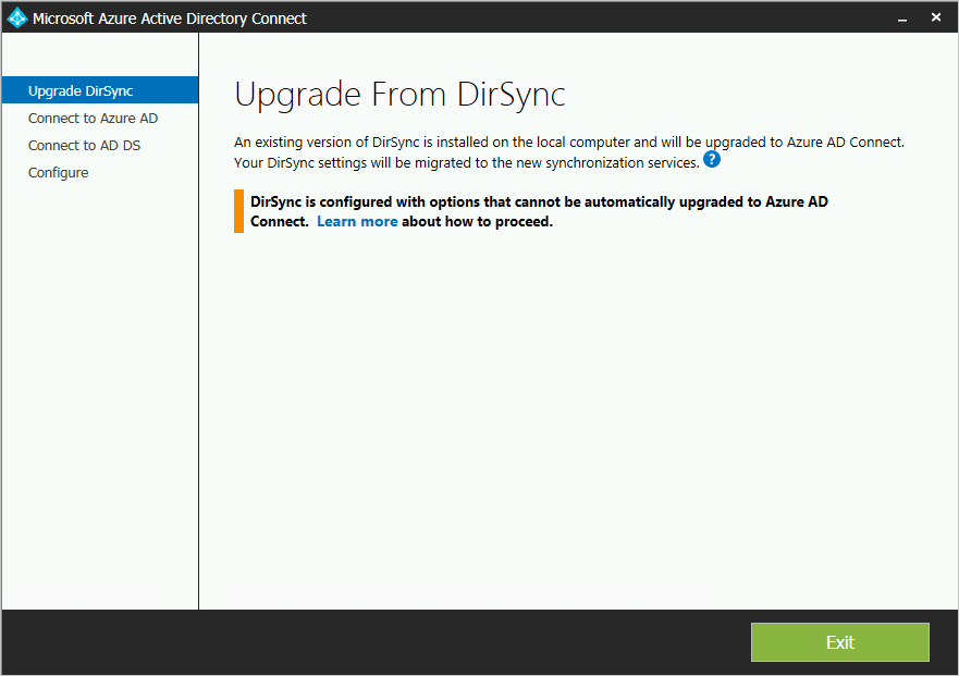 DirSync 구성 때문에 업그레이드가 차단되는 것을 보여 주는 스크린샷