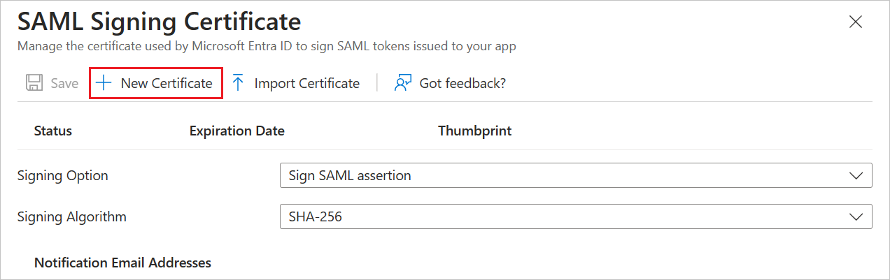 새 SAML 인증서를 보여 주는 스크린샷.