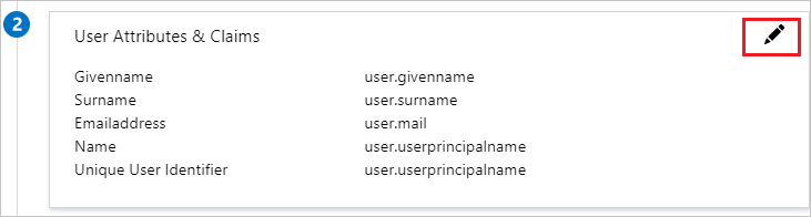 Givenname user.givenname 및 Emailaddress User.mail과 같은 기본값이 있는 사용자 특성 및 클레임을 보여주는 스크린샷