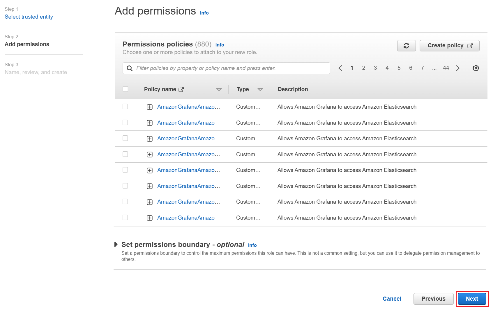 Attach permissions policy 대화 상자의 스크린샷.