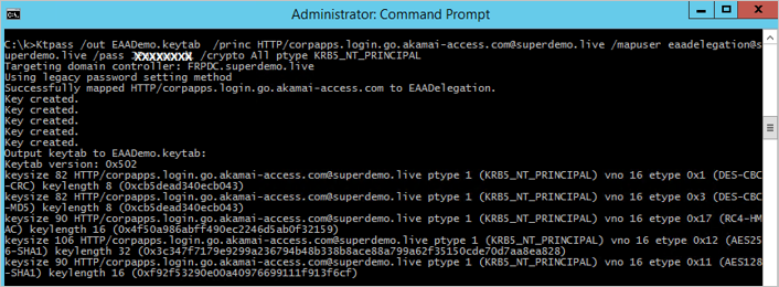 AKAMAI EAA에 대한 Keytab 파일을 만드는 명령의 결과를 보여주는 관리자 명령 프롬프트의 스크린샷