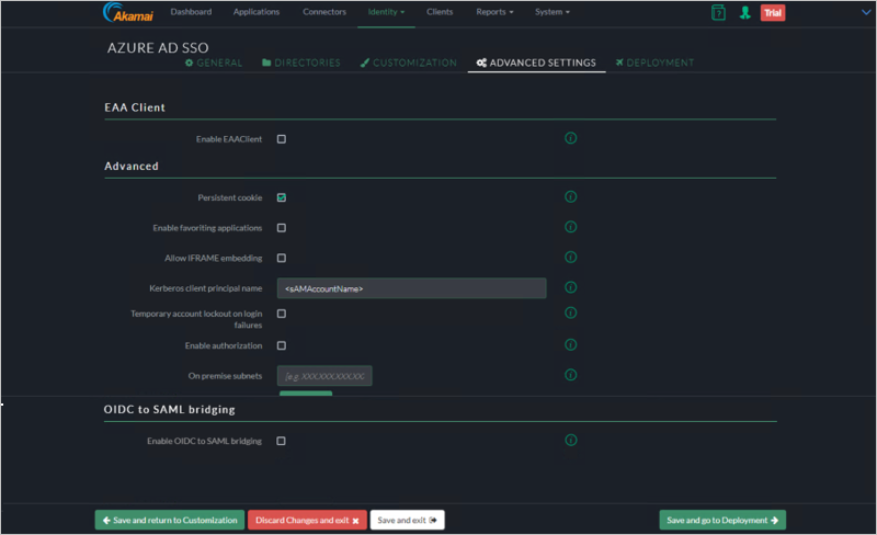 EAA 클라이언트, 고급, OIDC-SAML 브리징에 대한 설정을 보여주는 Akamai EAA 콘솔 고급 설정 탭의 스크린샷