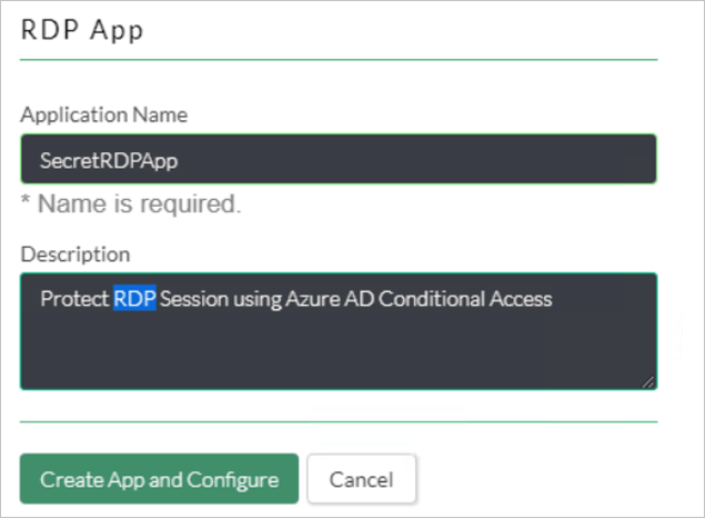 응용 프로그램 이름 및 설명에 대한 설정을 보여주는 [RDP 앱] 대화 상자 스크린샷