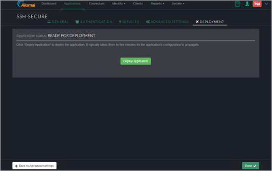 [응용 프로그램 배포] 버튼을 보여주는 SSH-SECURE의 Akamai EAA 콘솔 [배포] 탭의 스크린샷