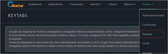 시스템 메뉴에서 선택된 Keytab을 보여주는 Akamai EAA 콘솔의 스크린샷