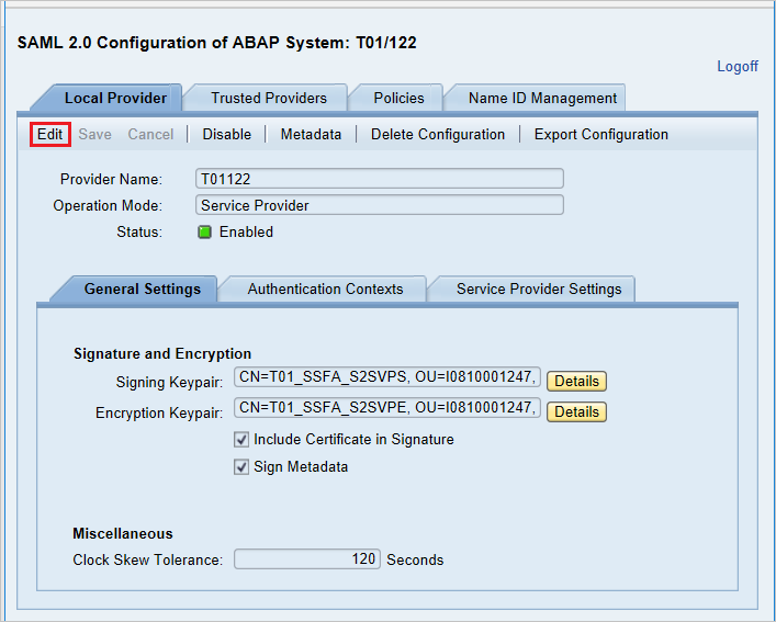 SAP에서 ABAP 시스템 T01/122의 SAML 2.0 구성 페이지