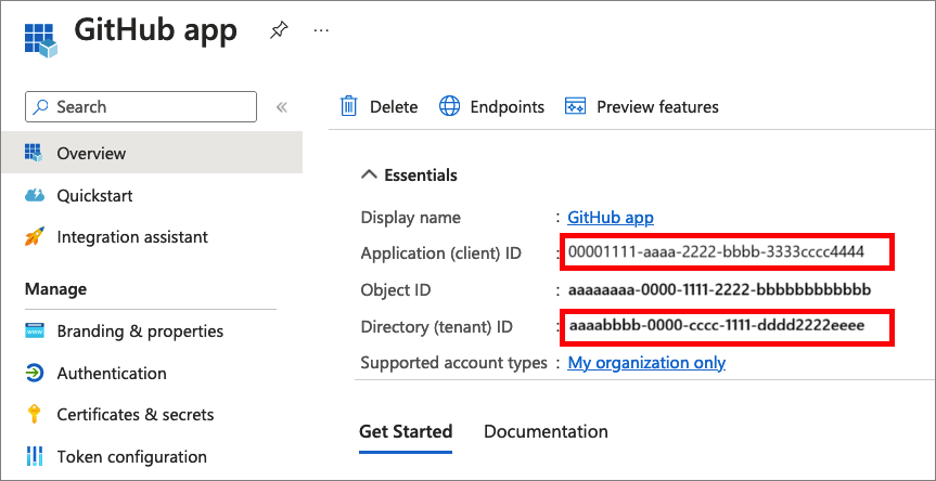 Microsoft Entra 관리 센터에서 애플리케이션 ID 및 테넌트 ID를 복사하는 방법을 보여 주는 스크린샷