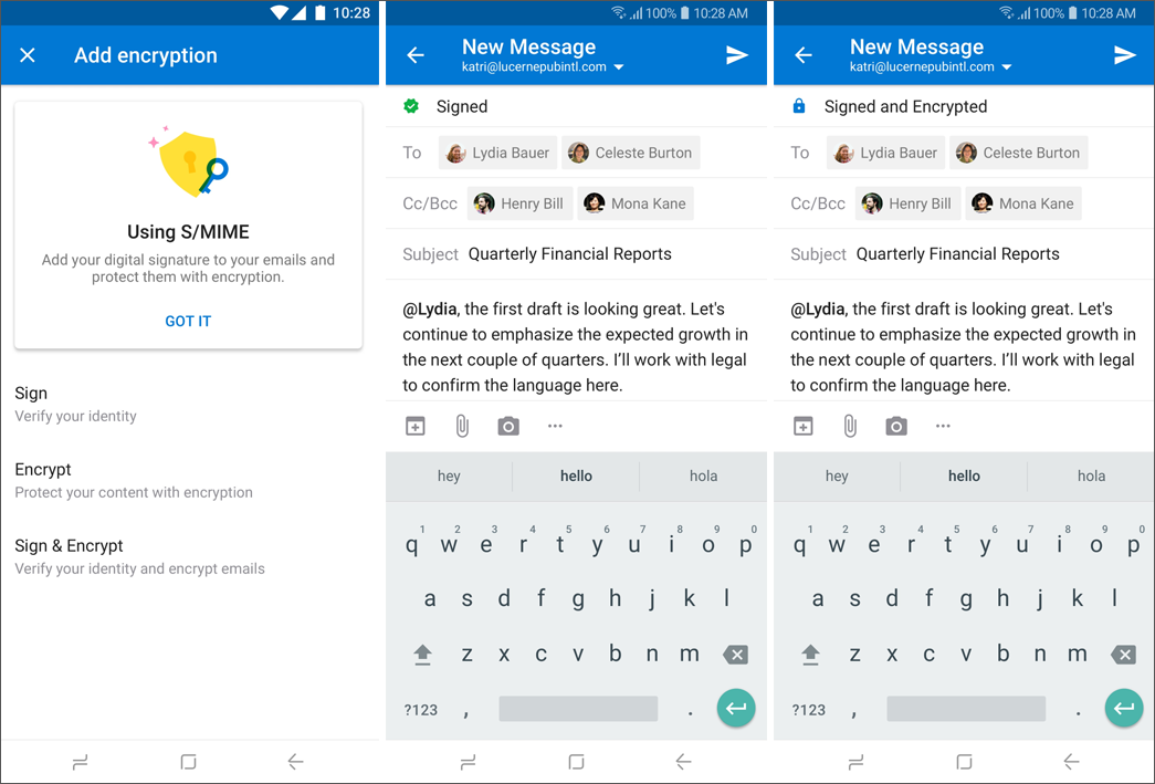 Android용 Outlook S/MIME 옵션의 스크린샷