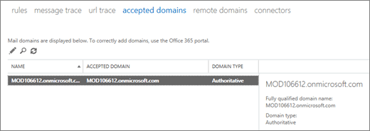 스크린샷은 Exchange 관리 센터의 허용 도메인 페이지를 보여줍니다. 이름, 허용된 도메인 및 도메인 유형에 대한 정보가 표시됩니다.