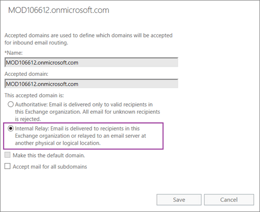 스크린샷은 지정된 허용 도메인에 대해 내부 릴레이 옵션이 선택된 허용 도메인 대화 상자를 보여줍니다.