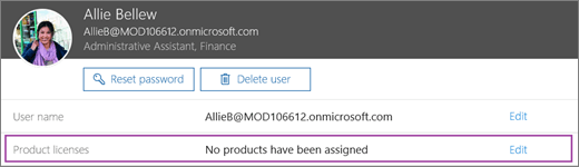사용자 정보의 스크린샷. 제품 라이선스 영역에는 사용자에게 할당된 제품이 없으며 편집 옵션을 사용할 수 있음을 보여 줍니다.
