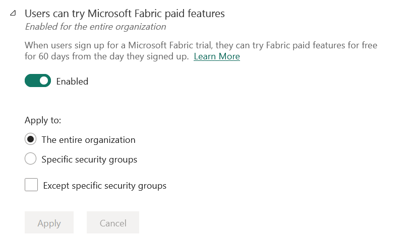 사용자는 Microsoft Fabric 유료 기능을 사용해 볼 수 있습니다.