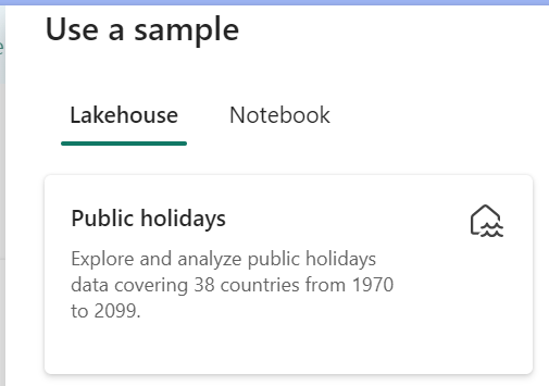 샘플 데이터 레이크하우스 옵션을 선택하는 스크린샷.
