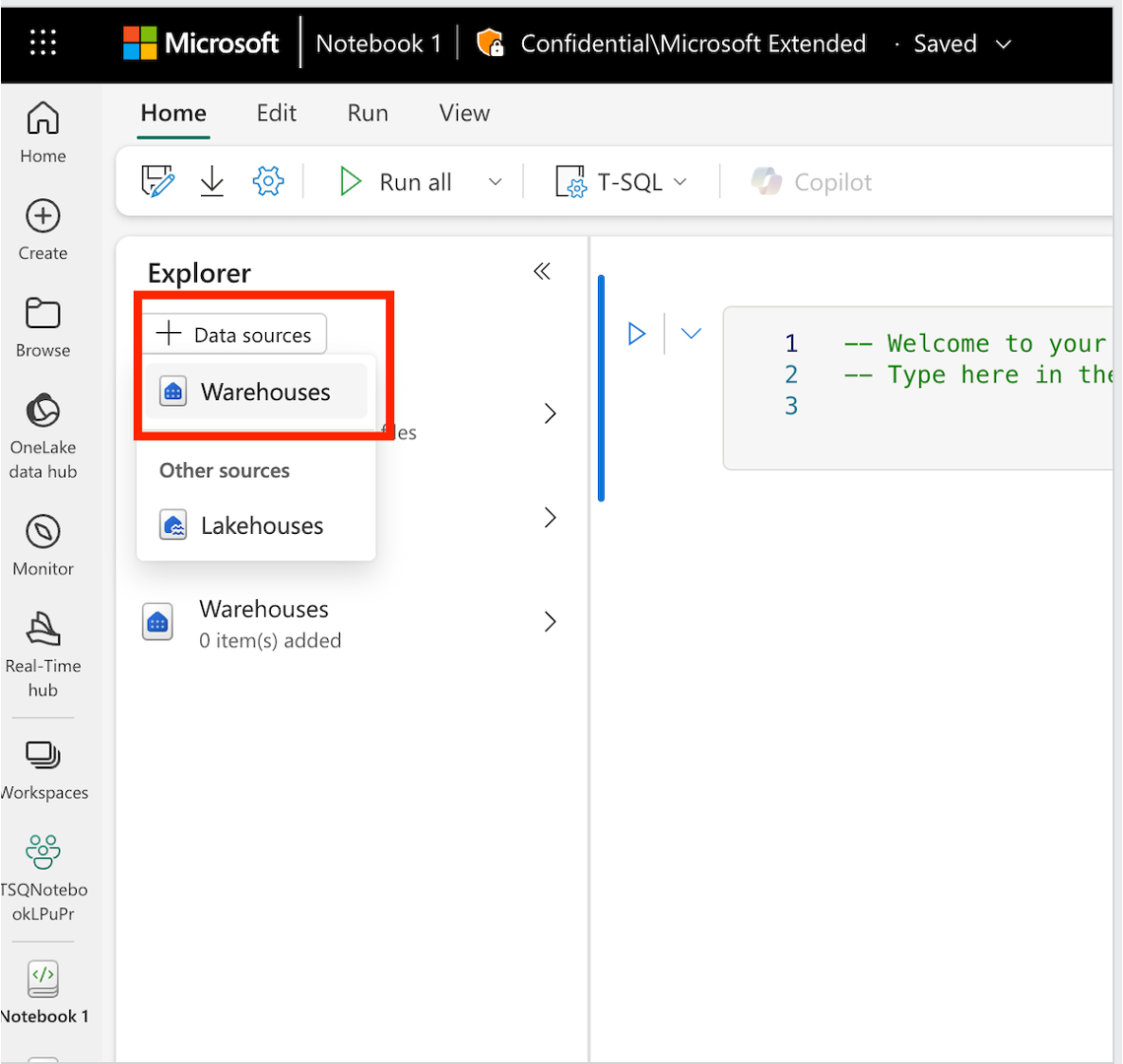 Notebook에 데이터 웨어하우스 또는 sql-endpoint를 추가하는 스크린샷