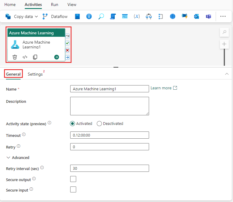 Azure Machine Learning 작업의 일반 설정 탭을 보여주는 스크린샷.