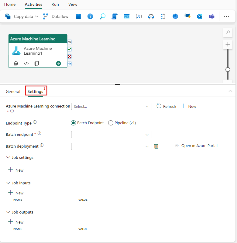 Azure Machine Learning 작업의 설정 탭을 보여주는 스크린샷.