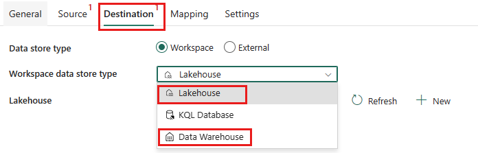 레이크하우스 및 Data Warehouse 대상 탭을 보여주는 스크린샷.