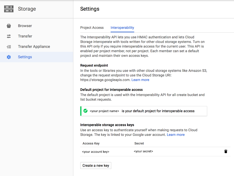 Google Cloud Storage에 대한 액세스 키를 보여주는 스크린샷.