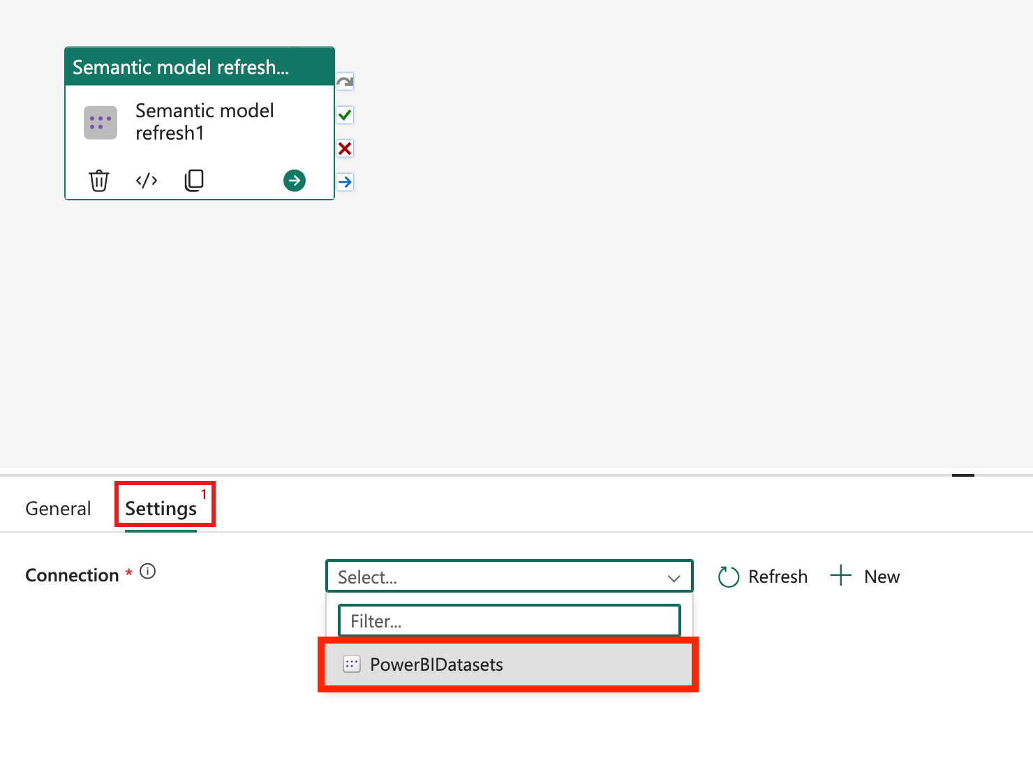 의미 체계 모델 새로 고침에 대한 Power BI 연결을 선택할 위치를 보여주는 스크린샷.