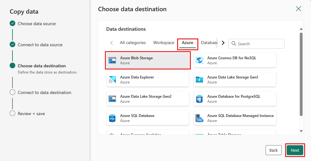 Azure Blob Storage 데이터 대상을 보여 주는 스크린샷.