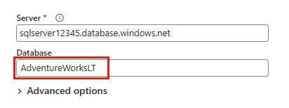 Azure SQL 데이터베이스에 연결하는 방법을 보여 주는 스크린샷.