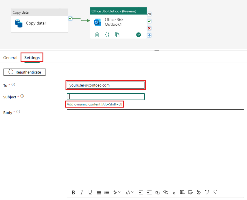 Office 365 Outlook 전자 메일 설정 탭의 구성을 보여 주는 스크린샷.