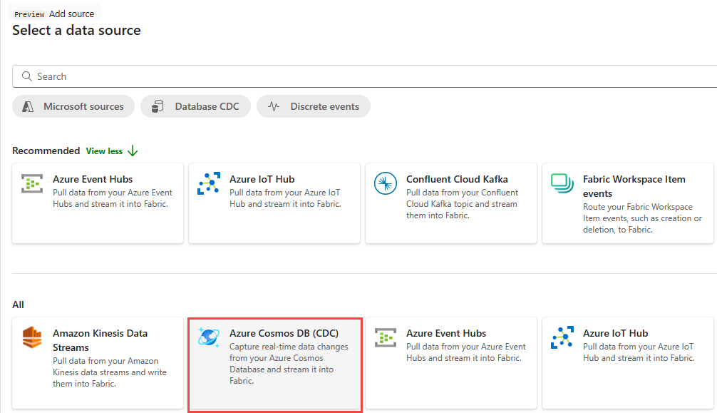 Azure Cosmos DB(CDC)가 선택된 데이터 원본 페이지 선택을 보여 주는 스크린샷.