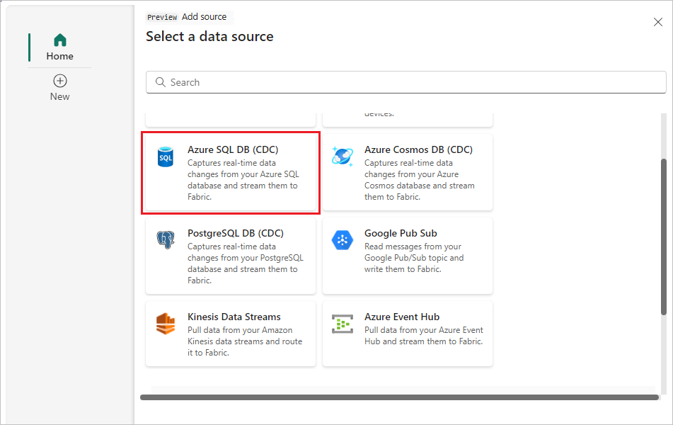 Azure SQL DB(CDC)를 선택하는 스크린샷.